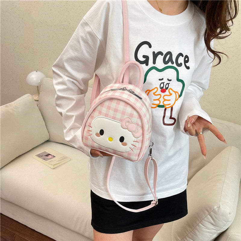 Cute Hello Kitty Backpack with Polka Dot and Checkered Design, Fashionable Kawaii Style for Daily Use and Outings