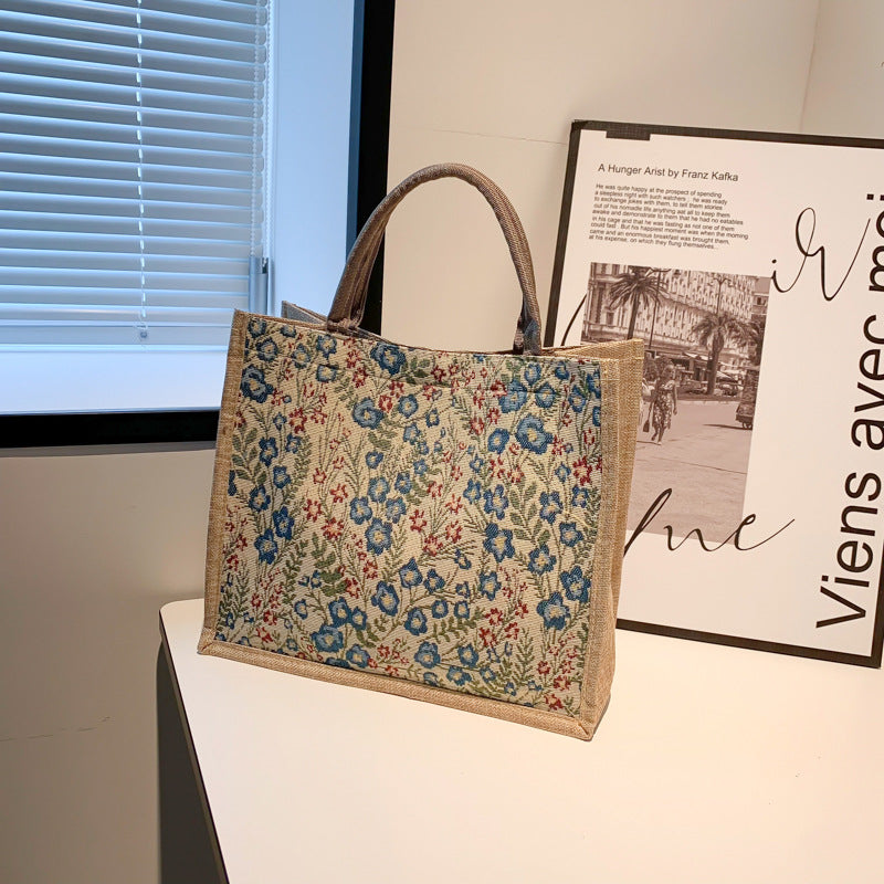 Chic Floral Tote Bag for Women - Soft Cotton Linen Material, Vintage Style with Magnetic Closure and Inner Zip Pocket