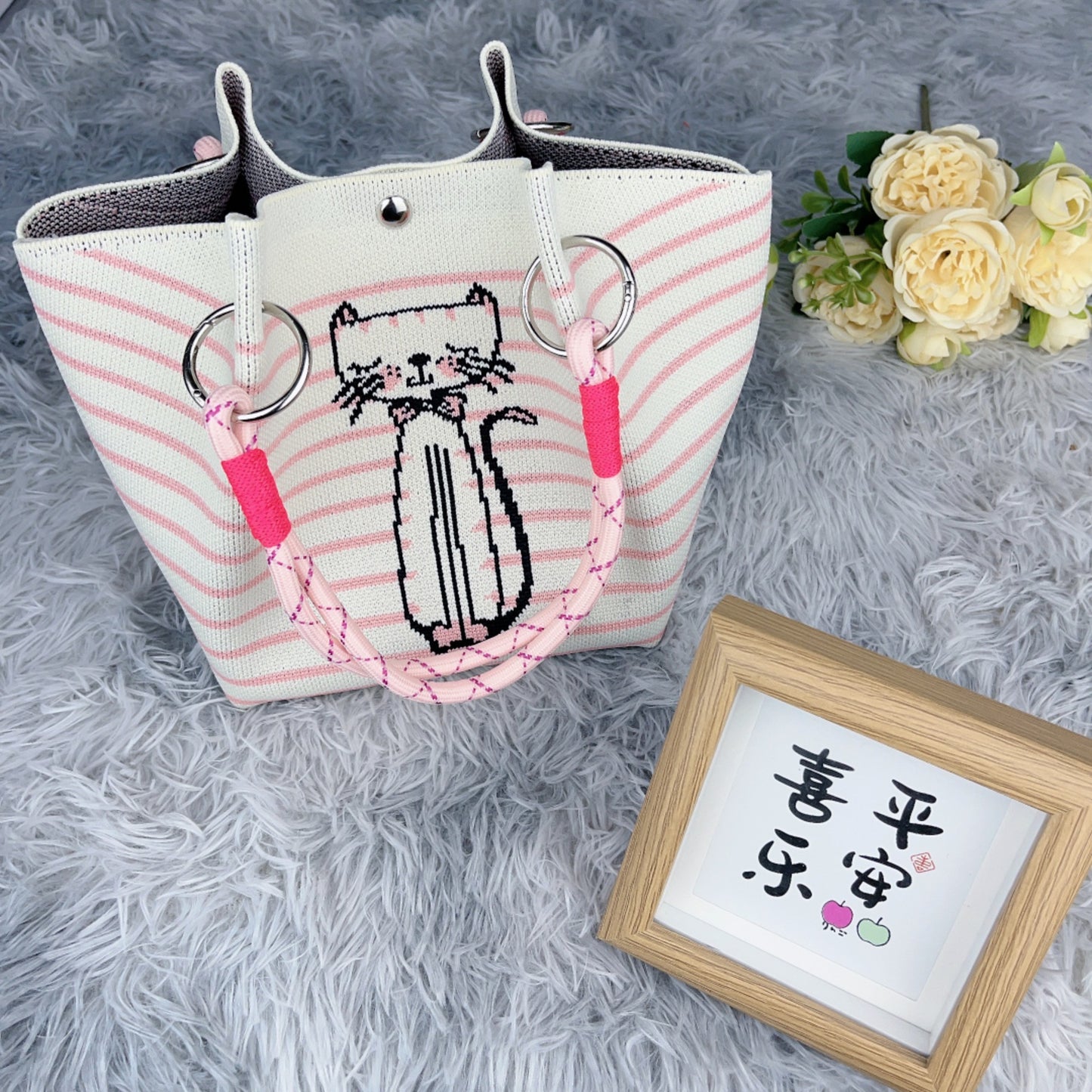 Women's Shoulder Bag New Hollow Canvas Handbag Color Rope Handle Large Capacity Daily Commuter Women's Bag