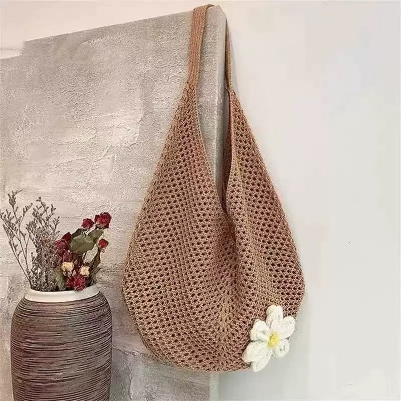Women's Shoulder Bag Artistic Style Crocheted Daisy Tote Bag Beach Vacation Lightweight Shoulder Bag Leisure Travel Essential Woven Handbag