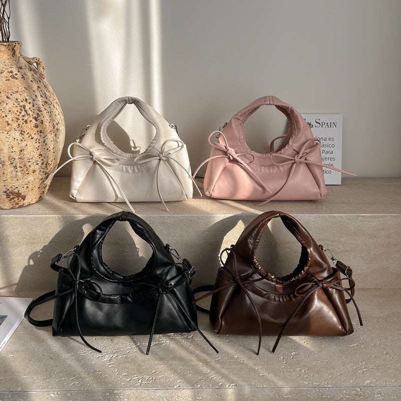 Korean Fashion Women's Mini Moon Bag with Bow Detail, Soft PU Crossbody Shoulder Bag for Daily Street Style