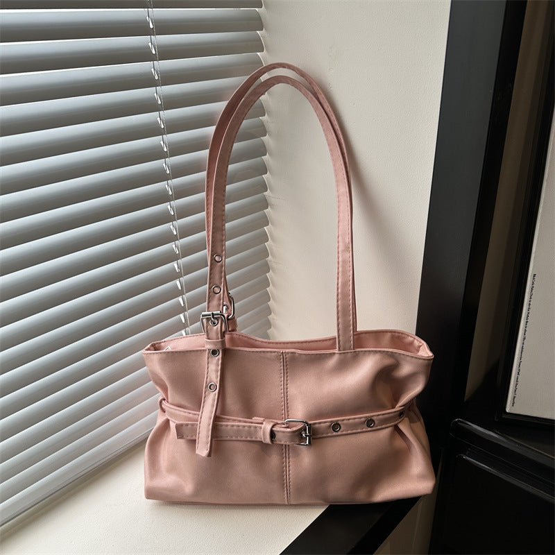 Retro Chic Women's Large Capacity Tote Bag with Belt Buckle Design for Daily Commute and Casual Style