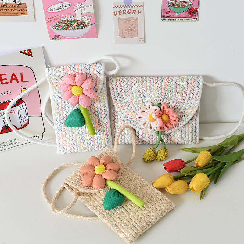 Cute Flower Embroidered Woven Crossbody Bag for Women, Summer Fashion Street Style Small Shoulder Bag with Magnetic Closure