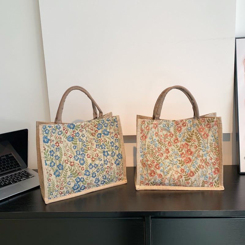 Chic Floral Tote Bag for Women - Soft Cotton Linen Material, Vintage Style with Magnetic Closure and Inner Zip Pocket