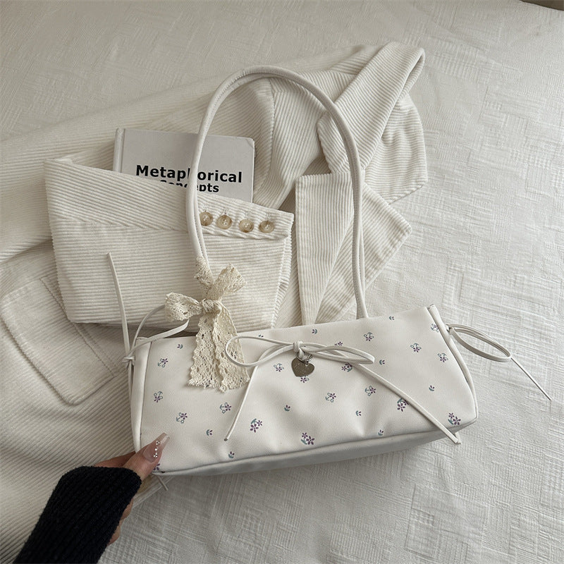 New Fashion Embroidered Handbag for Women Commuter's All-Matching Shoulder Underarm Bow Decoration Baguette Bag