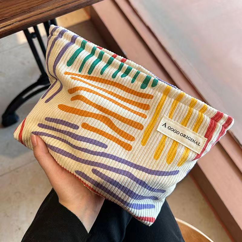 Ladies Cosmetic Bag Fashion Corduroy Contrast Color Striped Make-up Bag Cosmetic Bag Portable Travel Daily Storage Toiletry Bag