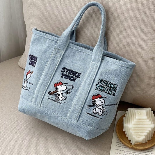 Snoopy Embroidered Denim Tote Bag with Magnetic Closure, Cartoon Design for Daily Use and Casual Outfits