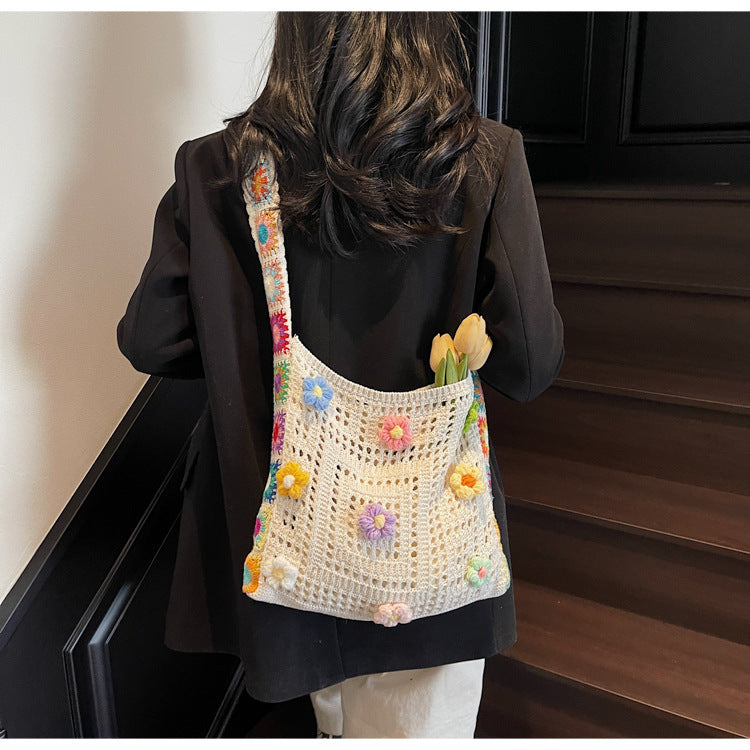 Large Capacity Commuter High-Grade Flower Tote Bag for Women New Spring and Summer Hollow out Knitted Bag Shoulder Woven Bag