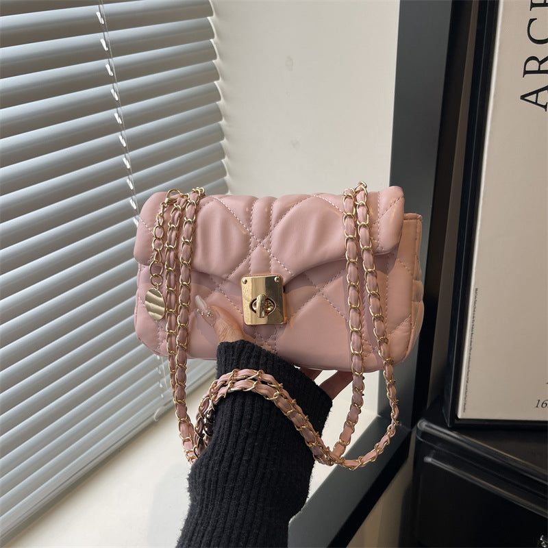 French Oil Wax Leather Women's Spring New Diamond Embroidery Thread Lock Commuter Chain Crossbody Shoulder Small Square Bag