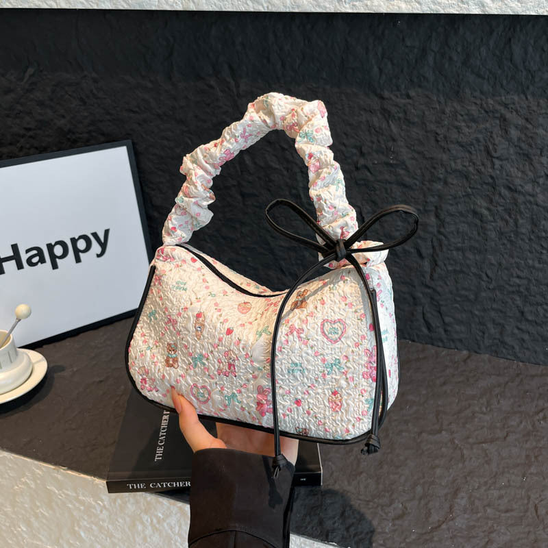Cute Floral Quilted Crossbody Bag with Bow Detail for Women, Stylish Everyday Shoulder Bag with Zipper Closure and Inner Pockets