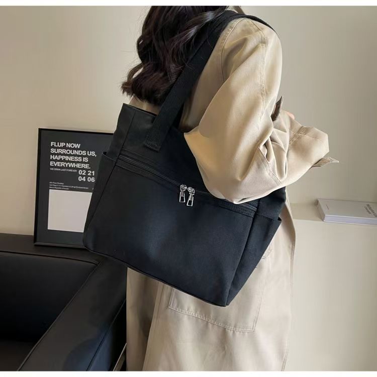 Korean Style Minimalist Canvas Tote Bag with Zipper Closure, Large Capacity Everyday Shoulder Bag for Women