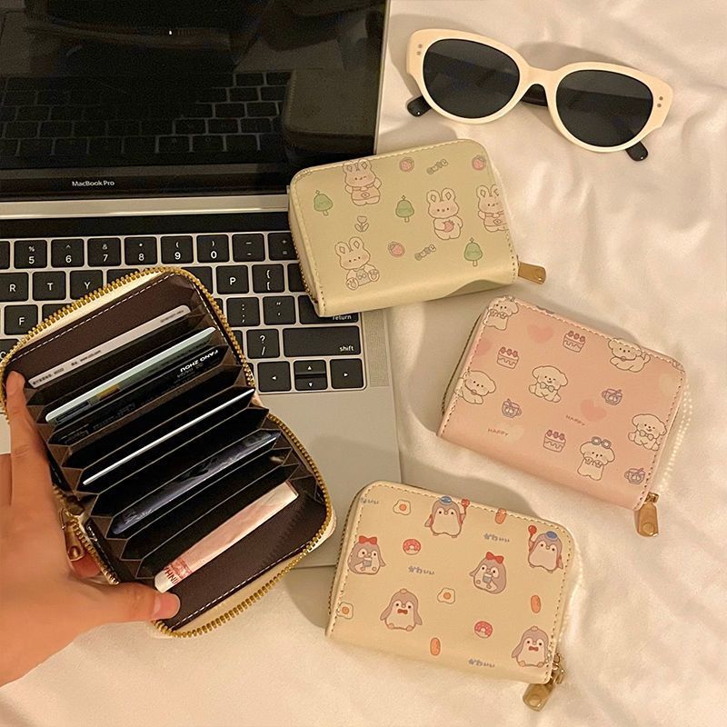 Cute Animal Print Card Holder for Women, Slim Multi-Card Wallet with Zipper, Waterproof PU Material, Perfect for Daily Use and Travel