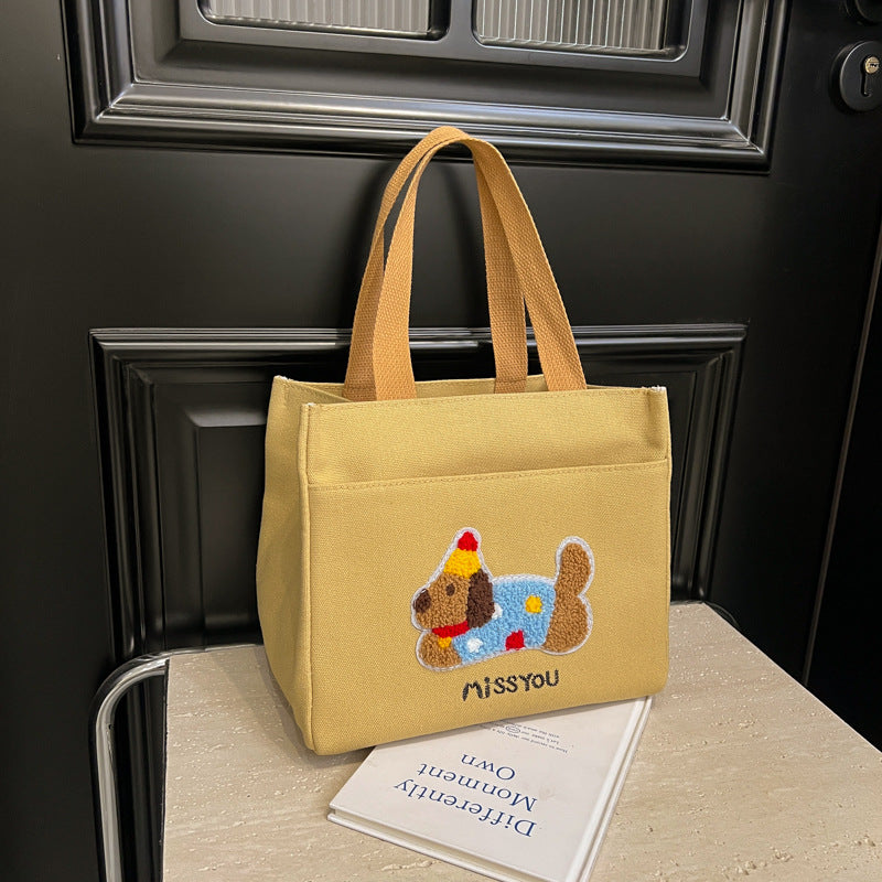 Cute Embroidered Dachshund Canvas Tote Bag for Women, Simple Daily Use Handbag with Phone Pocket and Zipper Closure