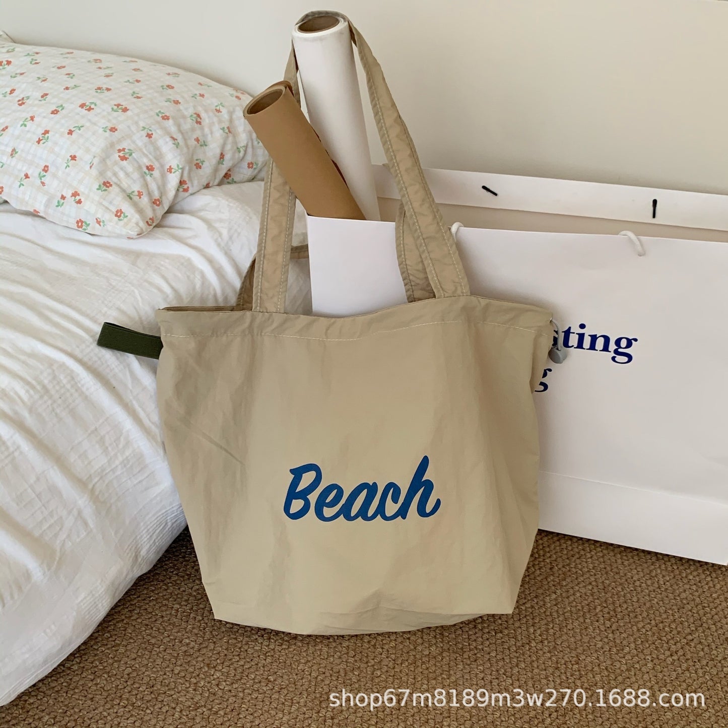 2025 Spring New Fashion Large Capacity Shoulder Tote Bag for Women, Simple Commute Student Style with Beach Print and Drawstring Design