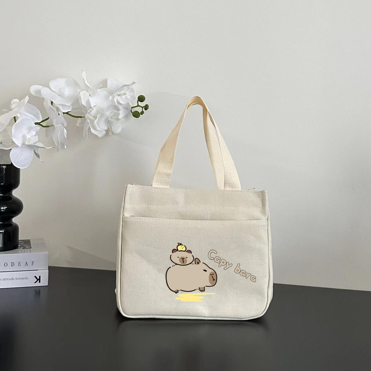 Women's Shoulder Bag Nordic Bear Canvas Tote Bag Zipper Design Cute Cartoon Pattern Daily Commuter Bento Tote Bag