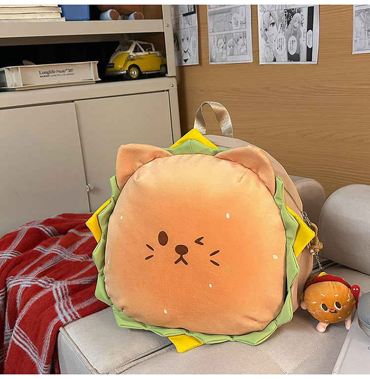 Cute Burger Cat Backpack for Kids and Teens - Stylish Dual Shoulder Bag with Soft Plush Design and Comfortable Back Support