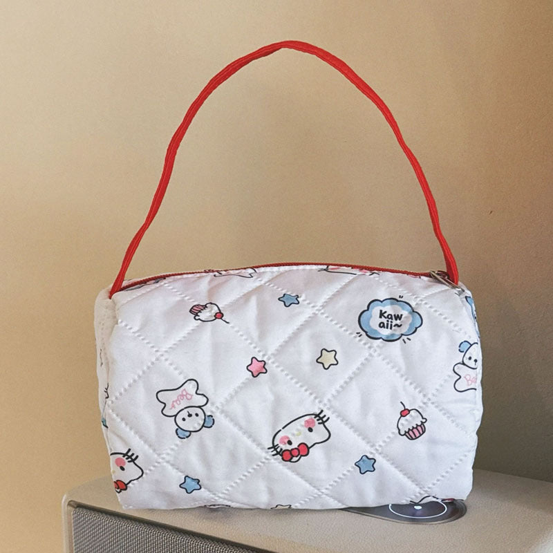 Cute Quilted Cosmetic Bag with Cartoon Print, Portable Makeup Organizer for Daily Use and Travel