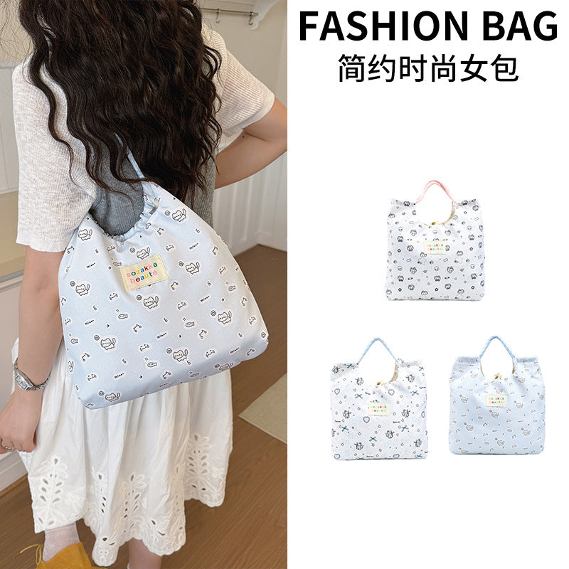 Cute Cartoon Print Tote Bag for Women, Large Capacity Shoulder Bag with Drawstring Design, Perfect for Daily Use and Shopping