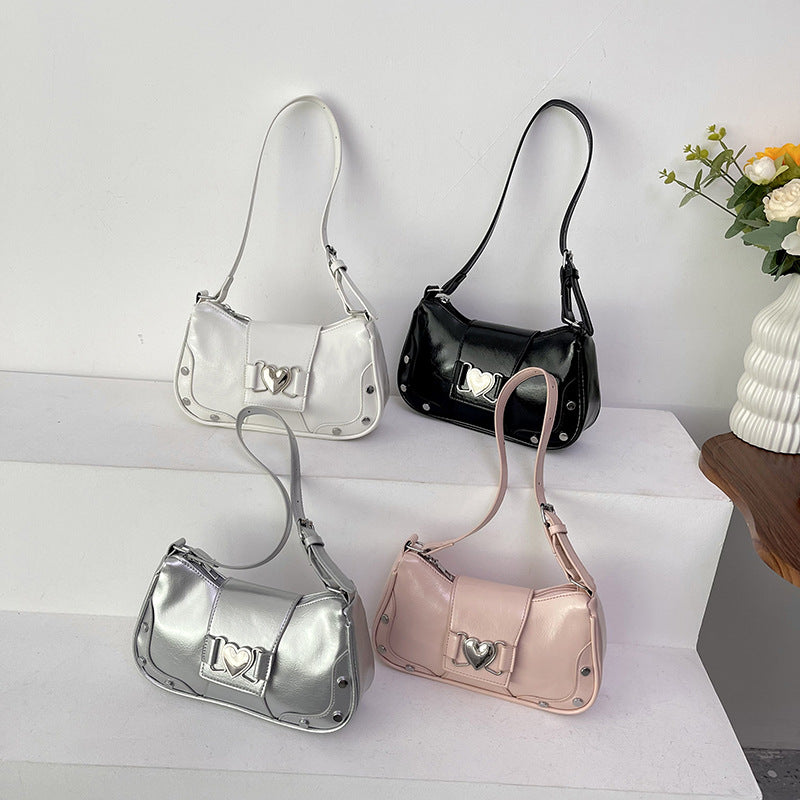 Chic Minimalist Shoulder Bag with Heart Buckle Design for Women, Trendy Crossbody Bag with Rivet Details