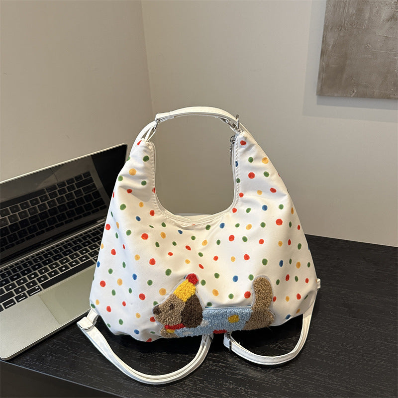 Korean Style Casual Large Capacity Shoulder Bag with Cartoon Polka Dot Print and Relaxed Tote Design for Women