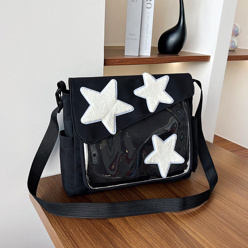Trendy Star-Embellished Crossbody Bag 2024 Spring New Style Casual Chic Shoulder Bag with Transparent Panel and Soft Nylon Material