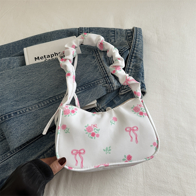 Gentle Sweet Flowers Canvas Bag Female New Drawstring Floral Bow Underarm Bag
