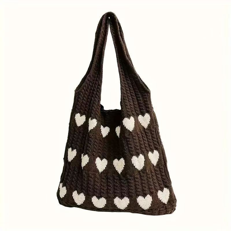 Women's Shoulder Bag Love Pattern Knitted Tote Bag Soft Handmade Shoulder Bag Daily Matching Fashion Tote Bag