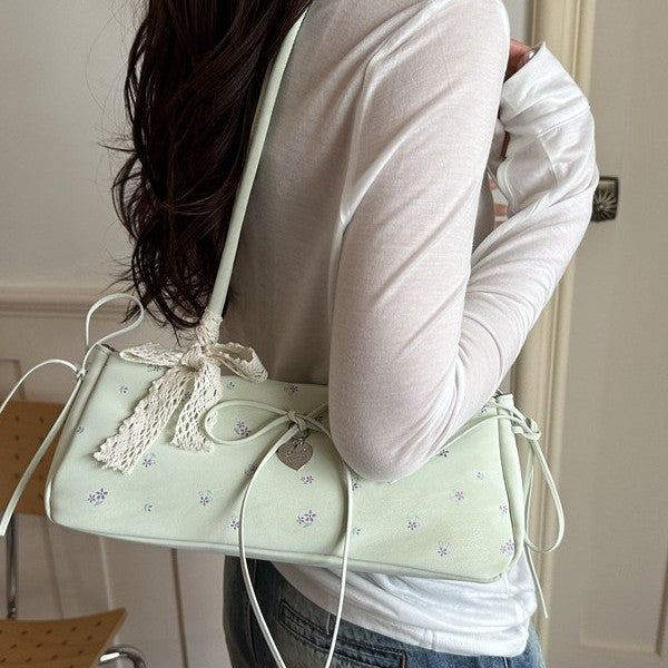 Cute Floral Print Tote Bag with Bow Detail for Women, Fashionable Shoulder Bag with Elegant Design and Soft PU Material