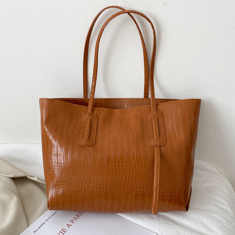 Stylish Crocodile-Textured Tote Bag for Women, Large Capacity Everyday Shoulder Bag with Fashionable Stone Pattern Design