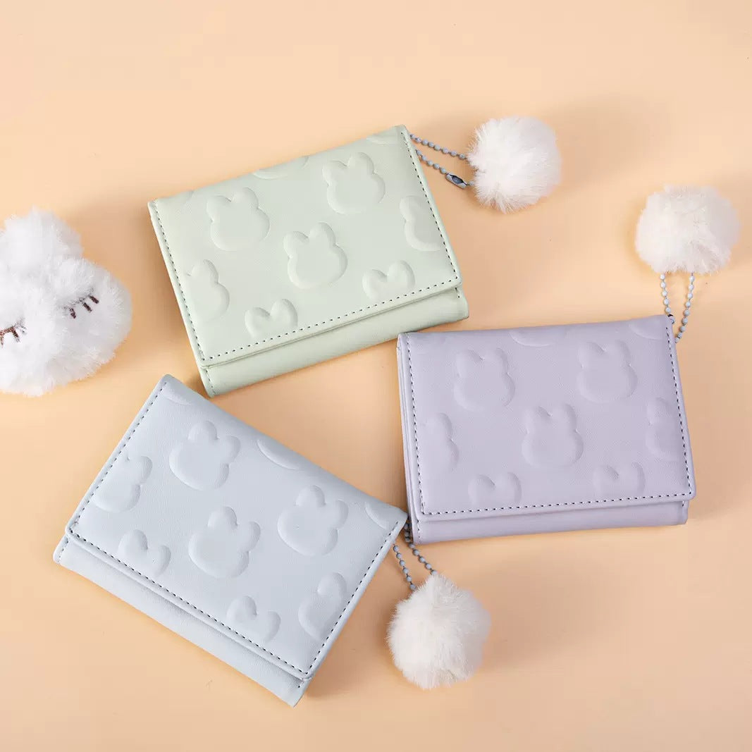 New Korean Style Cute Rabbit Wallet for Women, Waterproof PU Leather with Embossed Pattern and Fluffy Pom-Pom, Sweet and Fashionable Daily Accessory