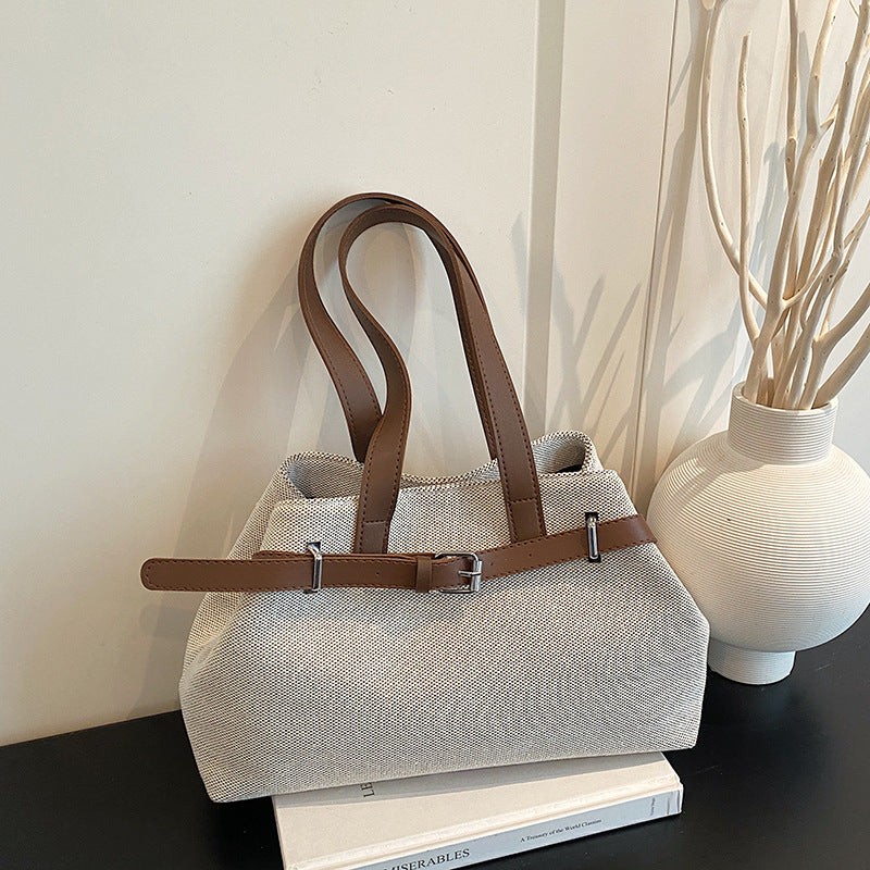 High-Grade Simple Commute Tote Bag Women's New Large Capacity Magnetic Snap Shoulder Handbag Knitted Fabric Design