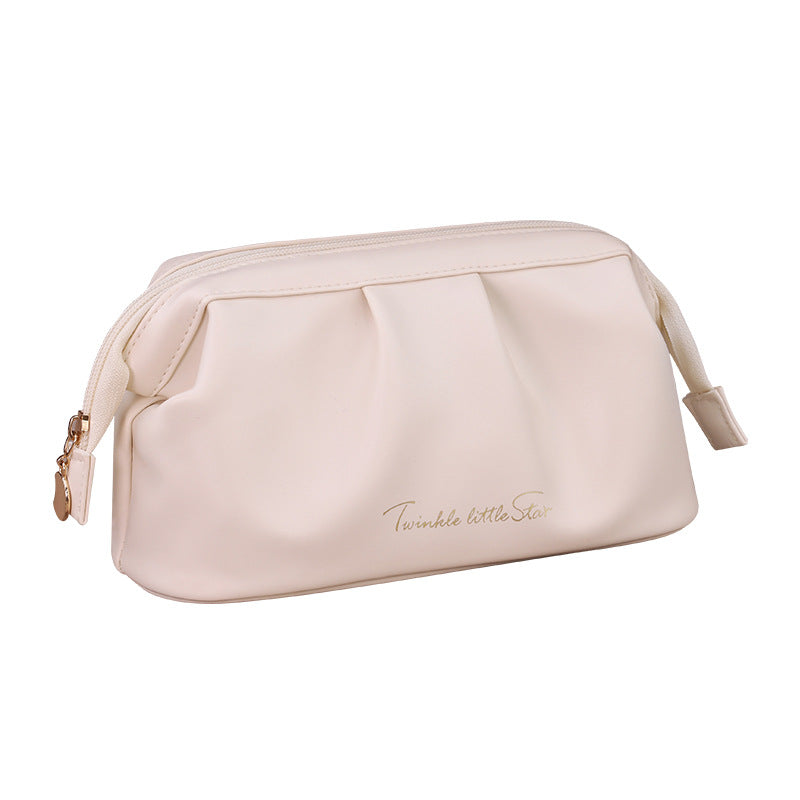 Elegant PU Waterproof Makeup Bag with Lettering Design, Large Capacity Travel Cosmetic Pouch for Women, Urban Minimalist Style