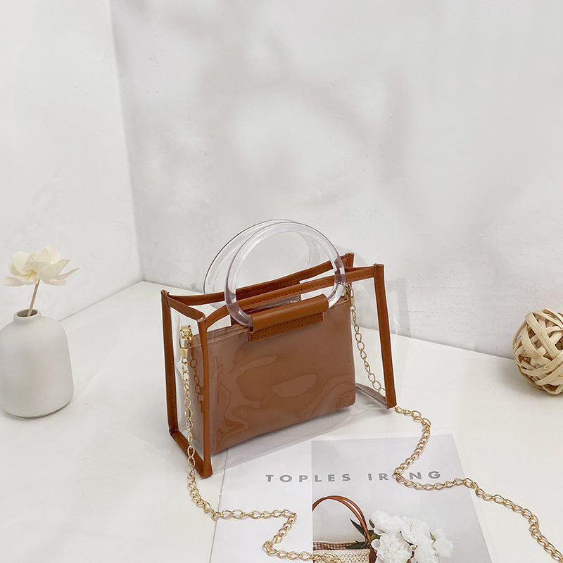 Transparent PVC Mini Tote Bag with Chain Strap and Circular Handle for Women - Fashionable Daily Use
