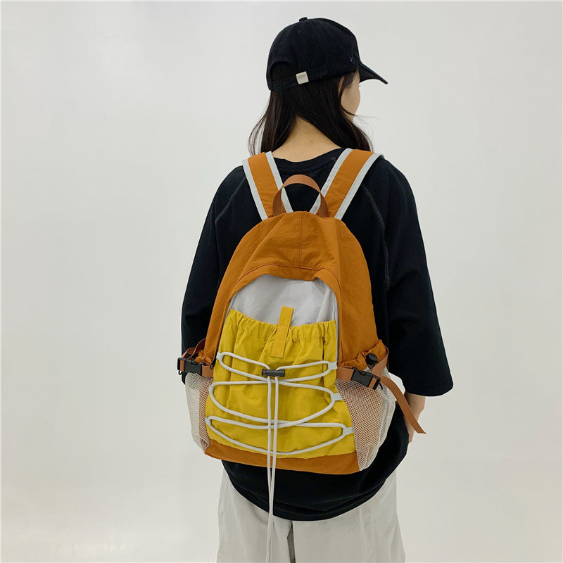 Lightweight Contrast Color Backpack Breathable Drawstring Front Bag Leisure Travel Backpack