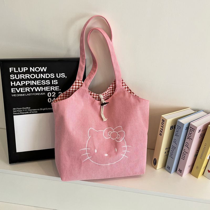 Large Corduroy Embroidered Tote Bag with Cartoon Design, Soft Structure, Multiple Inner Pockets for Daily Use