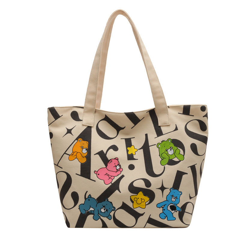New Fashion Canvas Tote Bag for Women with Cute Bear Print, Large Capacity, Daily Commute & Casual Style