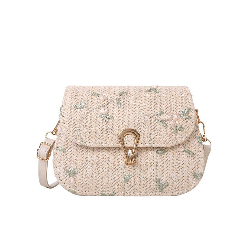 Chic Embroidered Woven Crossbody Bag for Women, Fashionable Casual Style with Golden Clasp and Adjustable Strap