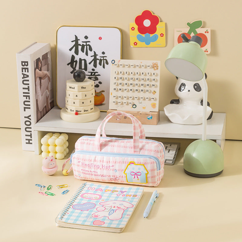 Cute Double-Layer Pattern Lucky Embroidery Pencil Case Large Capacity Portable Portable Ins Style Dopamine Good-looking Stationery