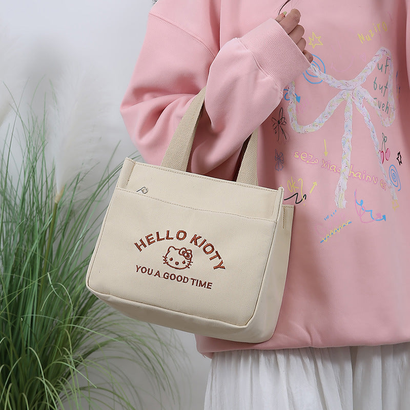Cute Embroidered Canvas Tote Bag with Hello Kitty Design, Perfect for Daily Use, School, Work, and Carrying Lunchbox