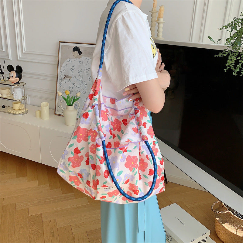 Korean Style Summer Large Capacity Hand Shoulder Bag Drawstring Shopping Bag Fresh Floral Tote Bag Underarm Bag