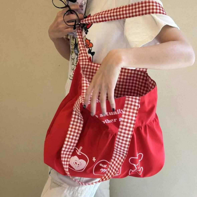 Women's Shoulder Bag Cute Korean Apple Tote Bag Idle Style Large Capacity Shoulder Bag Stitching Design Casual Travel Versatile