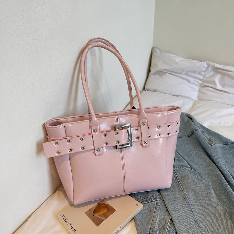 Tote Bag Women's Personality Belt Rivet Button Large Capacity Commuter Korean Style Fashion Simple Shoulder Underarm Handbag