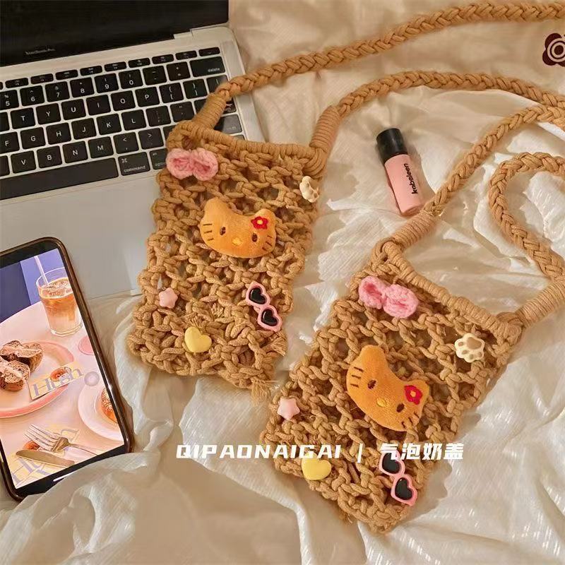 Handmade Crochet Hello Kitty Crossbody Bag for Women, Cute Cartoon Summer Beach Style Phone Pouch with Braided Strap