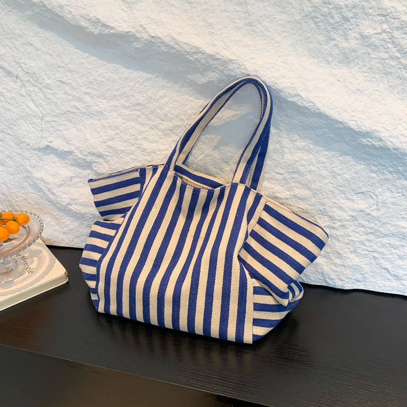 Korean Style Striped Canvas Tote Bag 2025 Summer Large Capacity Student Shopping Bag Simple Urban Design