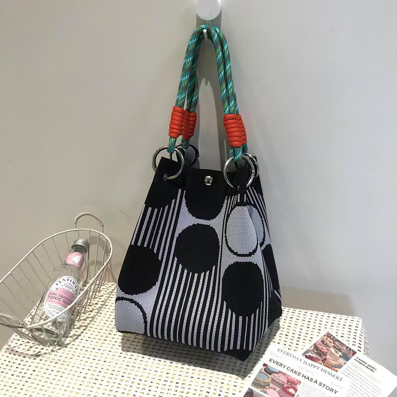 Black and White Rhombus Knitted Tote Bag Women's Casual Versatile Large Capacity Messenger Bag Handbag