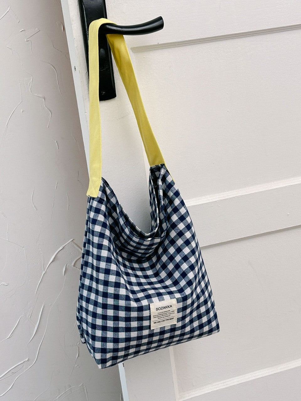 Cute Checkered Canvas Tote Bag with Colorful Handles for Daily Use and Shopping