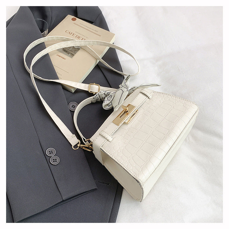 Western Style All-Matching Portable Kelly Bag Stone Pattern Lock Design Simple Shoulder Bag Silk Scarf Elegant Crossbody Bag