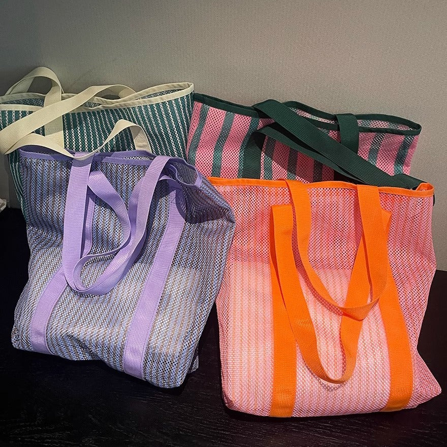 Mesh Tote Bag with Large Capacity for Beach Travel and Toy Storage, Stylish Urban Design