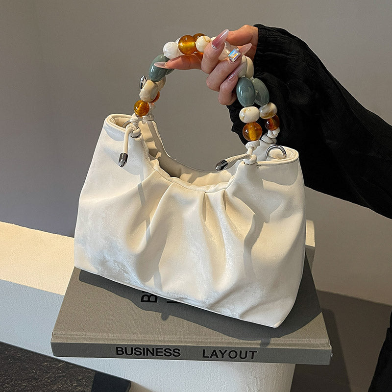Elegant Marbled PU Bucket Bag with Beaded Handle, Minimalist Crossbody Design for Daily Wear