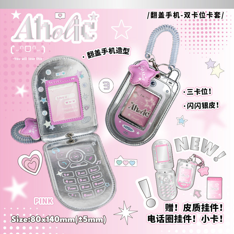 Flip Phone Style Card Holder with Transparent Window and Three Card Slots, Cute Design for Students and Fans